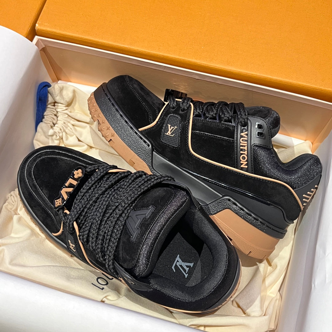 Louis Vuitton trainer shoes, black uppers with knit texture, shown in retail box