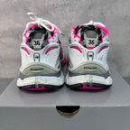 Balenciaga Runner sneakers back view, white with pink accents and 'BALENCIAGA' heel branding