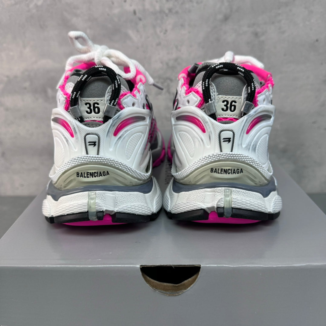 Balenciaga Runner sneakers back view, white with pink accents and 'BALENCIAGA' heel branding