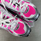 Balenciaga Runner sneakers lace and toe close-up, white laces with pink mesh panels