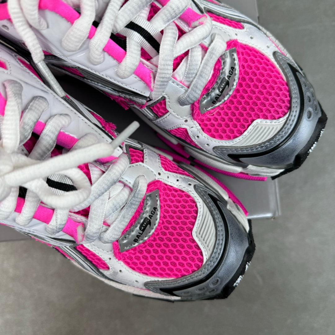 Balenciaga Runner sneakers lace and toe close-up, white laces with pink mesh panels