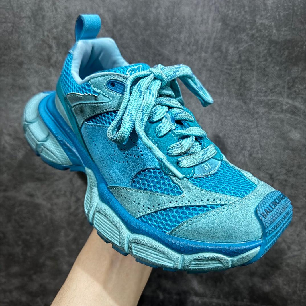 Balenciaga unisex sneakers, bright blue mesh upper with suede overlays and lace bow
