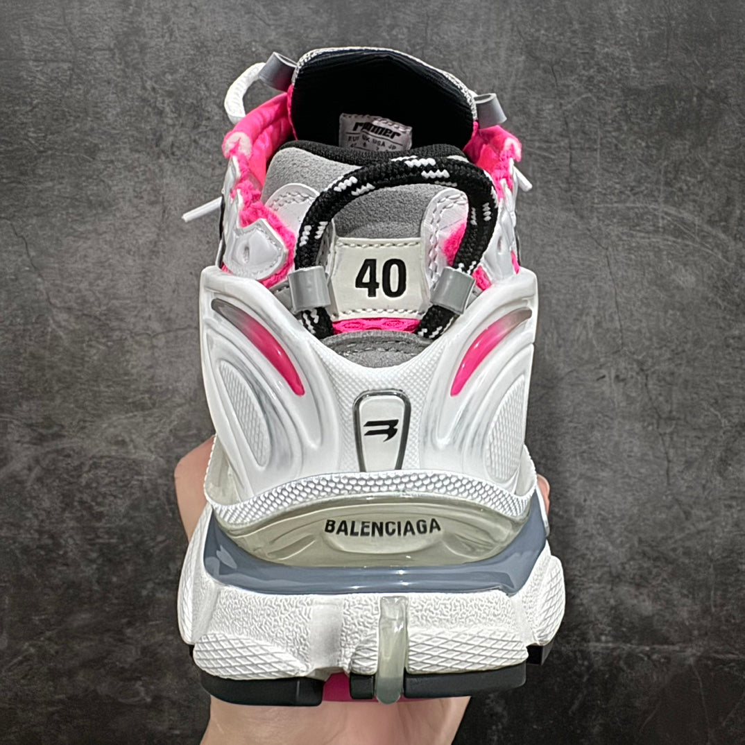 Unisex sneakers back view, white and hot pink with size label 40 on heel