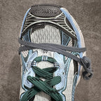Balenciaga unisex sneakers top view with green laces and patterned light blue panels