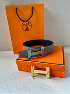 Hermes belt gray leather with dark blue reverse and multicolor striped buckle detail