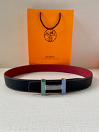 Hermes belt with dark blue leather strap and multicolor striped buckle