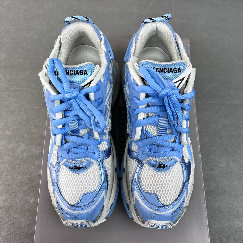Balenciaga unisex sneakers front view, light blue and white with mesh and laces