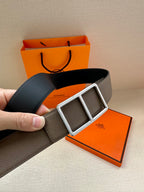 Dark leather belt with double-square silver buckle