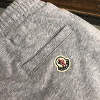 Light gray shorts with embroidered multicolor logo patch on front