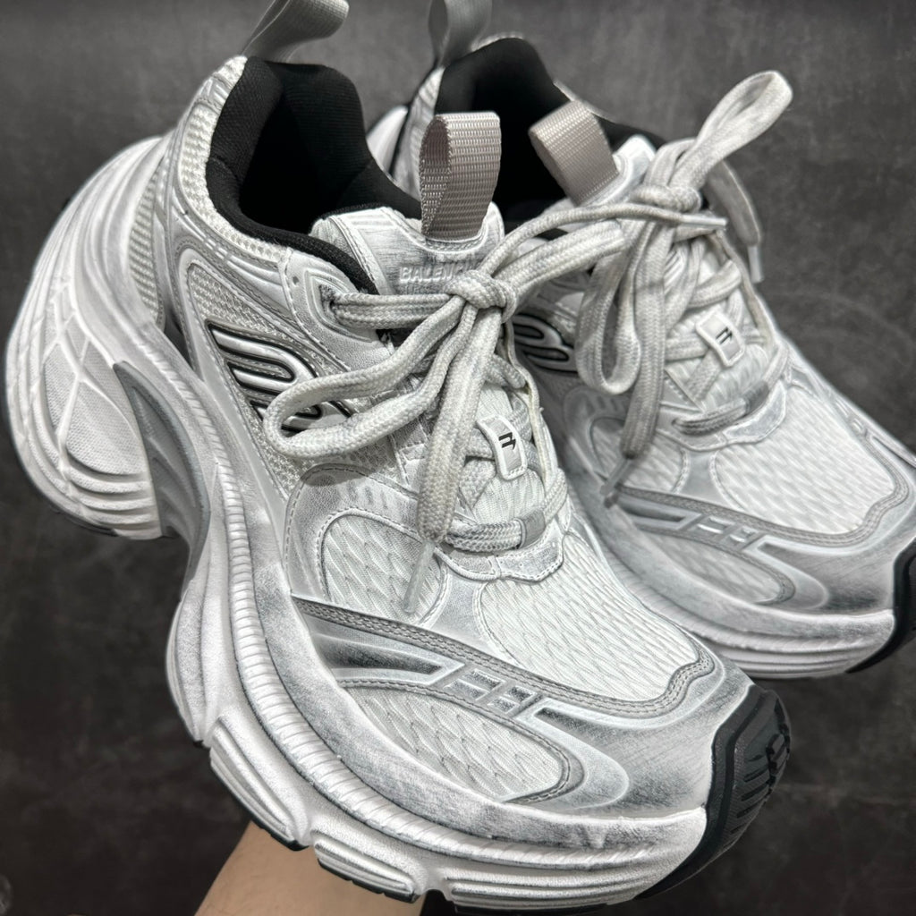 Balenciaga unisex chunky sneakers, silver mesh and textured panels, lace-up