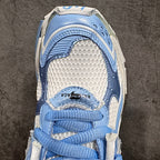 Balenciaga unisex sneaker close-up of mesh toe and blue laces with stitched trim