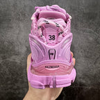 Pink Balenciaga unisex sneakers, heel view, padded collar with logo patch