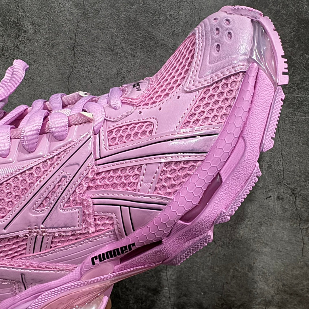Pink Balenciaga unisex sneakers, side close-up, textured panels and lace-up trim