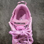 Pink Balenciaga unisex sneakers, interior collar view, tied laces and logo label
