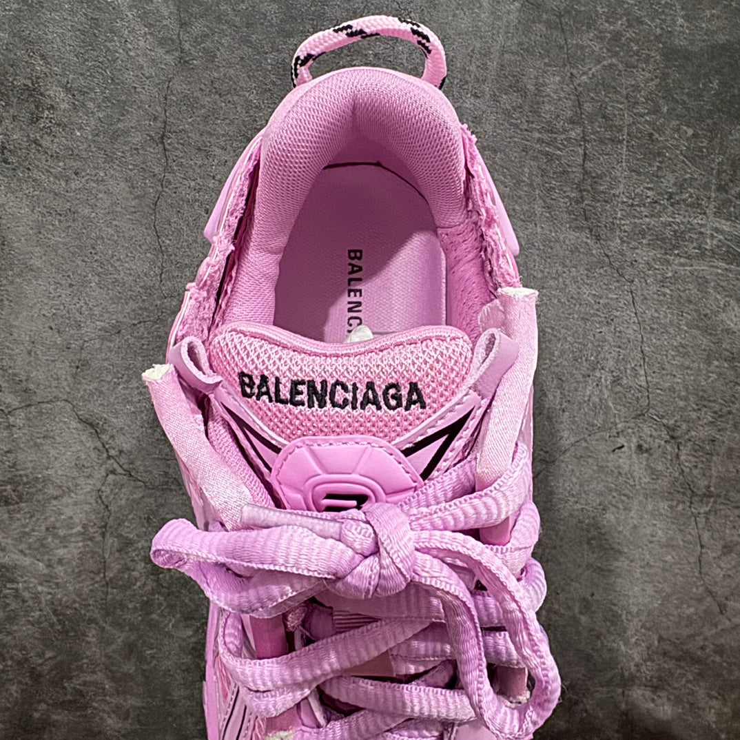 Pink Balenciaga unisex sneakers, interior collar view, tied laces and logo label