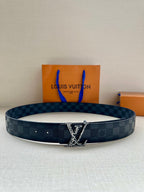 Louis Vuitton belt in dark blue checkered canvas with silver-tone LV buckle and holes