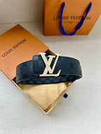 Louis Vuitton belt, dark blue checkered strap with prominent silver-tone LV buckle plate