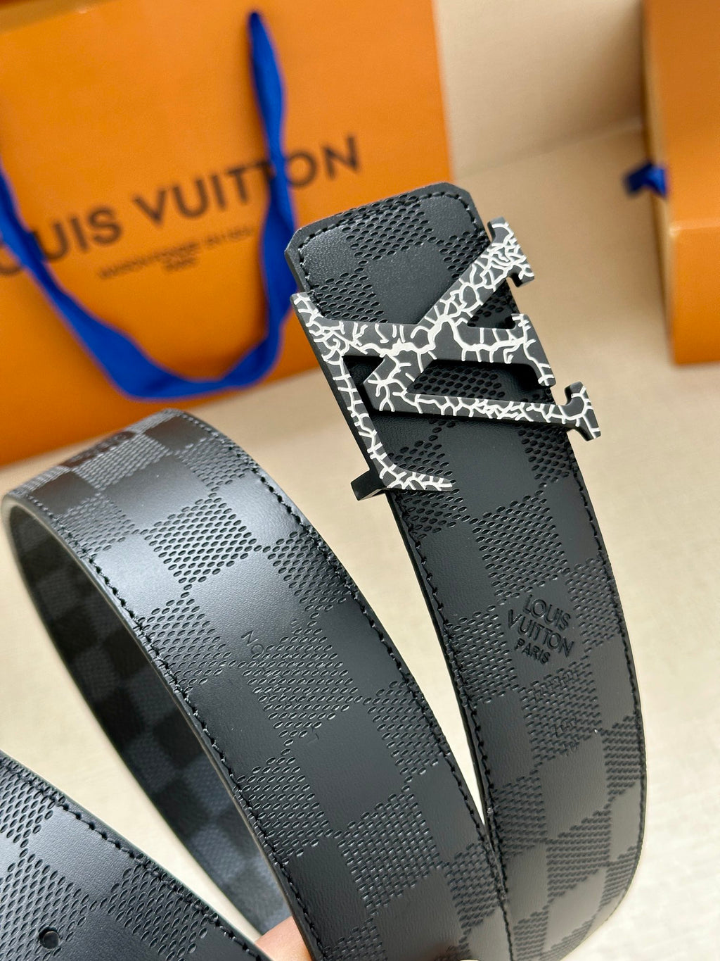 Louis Vuitton belt in dark blue checkered canvas with silver-tone LV buckle closure