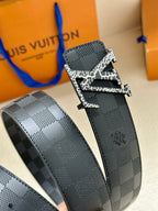 Louis Vuitton belt in dark blue checkered canvas with silver-tone LV buckle closure