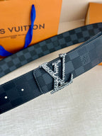 Louis Vuitton belt, dark blue checkered pattern with silver-tone LV buckle and keeper
