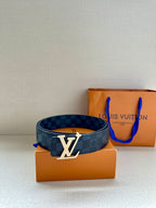 Louis Vuitton belt in dark blue checkered canvas with large silver-tone LV buckle front