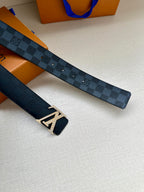 Louis Vuitton belt strap with dark blue checkered pattern and silver-tone LV buckle ends