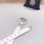 White leather belt with silver buckle and stitched strap with eyelets