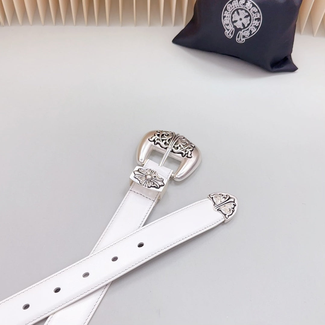 White leather belt with silver buckle and stitched strap with eyelets