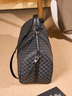 Men's Louis Vuitton checkered duffel bag with front zipper pocket and wrist strap