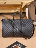 Men's Louis Vuitton checkered duffel bag with top handles and shoulder strap