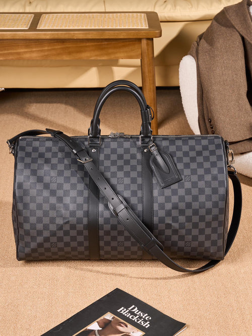 Men's Louis Vuitton checkered duffel bag with top handles and shoulder strap