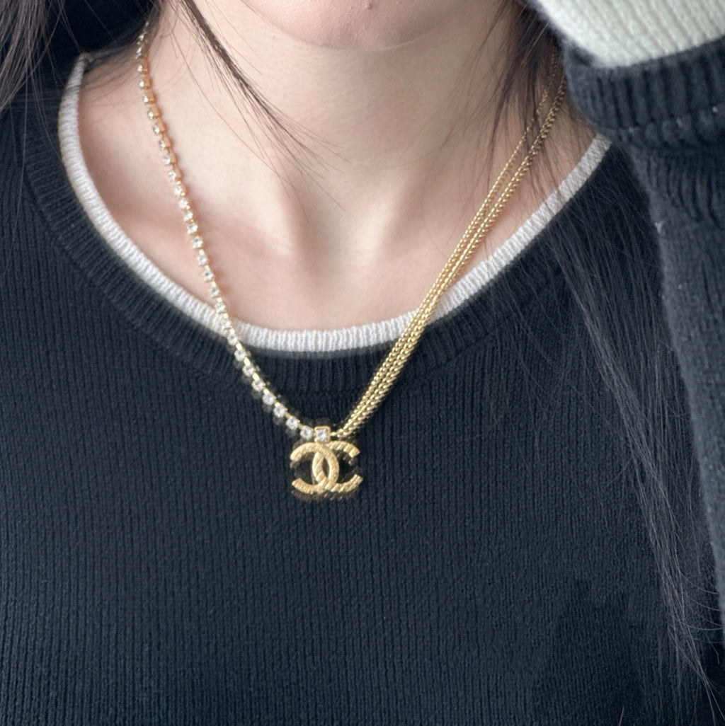 Pearl-bead necklace with large Chanel logo charm, gold-tone
