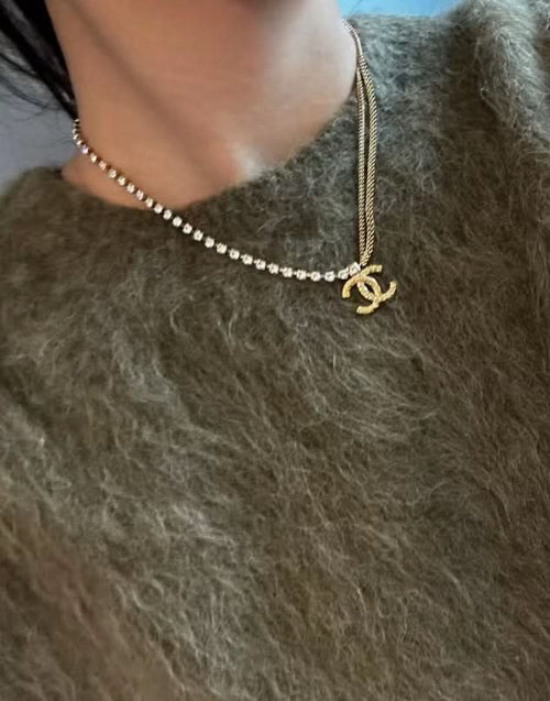 Two-layer pearl-bead necklace with Chanel logo pendant, gold-tone clasp