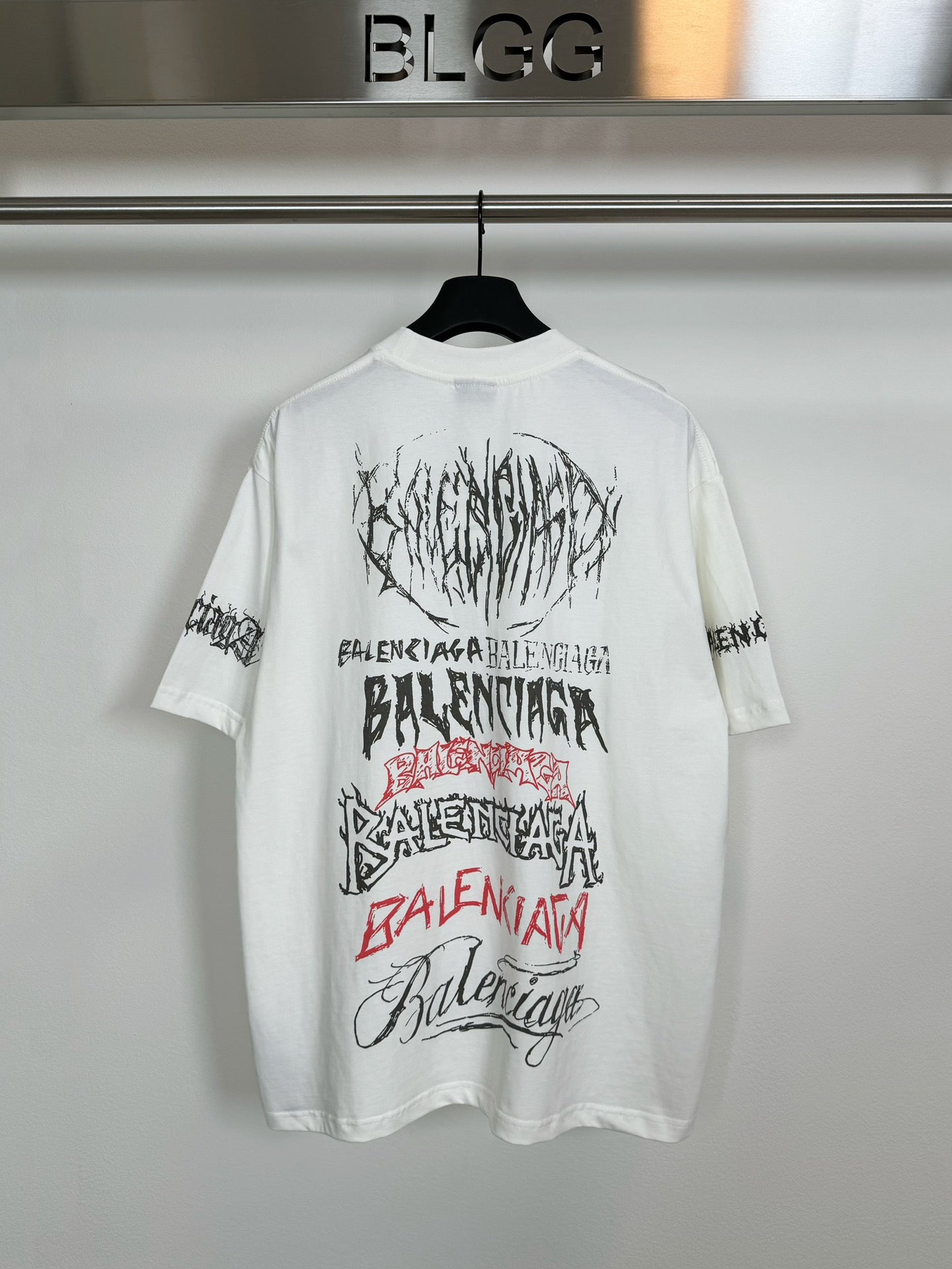 White T-shirt with large back graphic print in black and red lettering