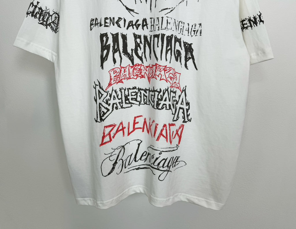 White T-shirt front with stacked black and red graphic lettering and signature text