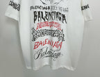 White T-shirt front with stacked black and red graphic lettering and signature text