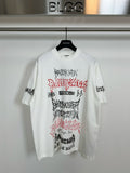White T-shirt with front graphic print in black, red, and white lettering