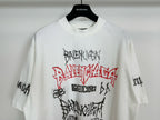 White T-shirt front with stacked black and red graphic lettering and icons