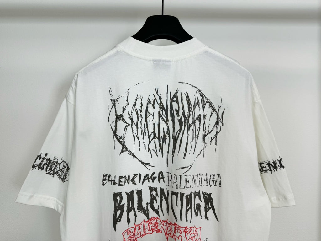 White T-shirt back with central oval graphic and layered Balenciaga-style text