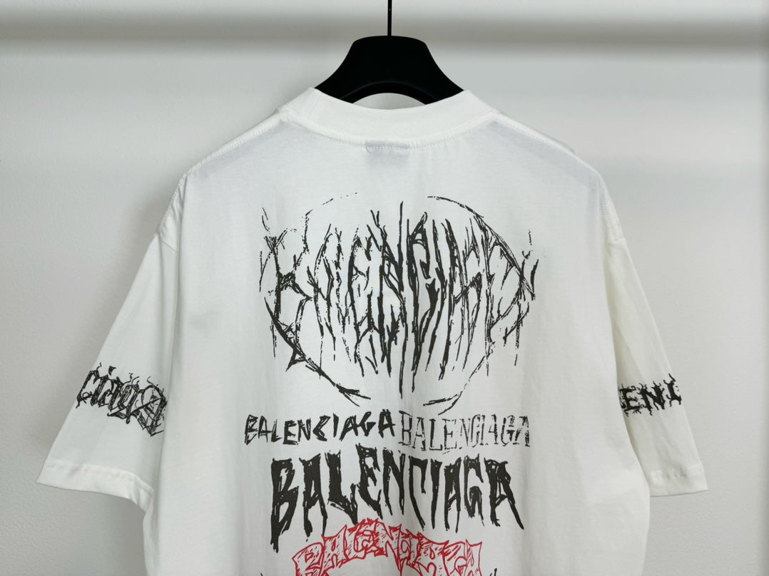 White T-shirt back with central oval graphic and layered Balenciaga-style text