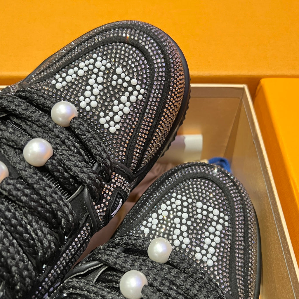 Black Louis Vuitton sneaker toe with pearl and rhinestone cluster details