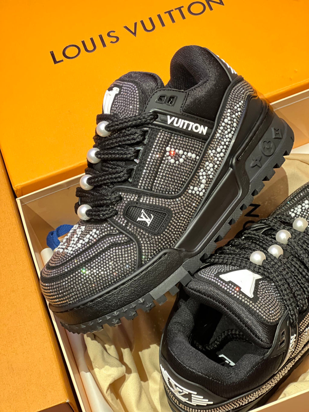 Black Louis Vuitton lace-up sneakers in box, rhinestone and pearl detailing