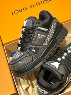 Black Louis Vuitton lace-up sneakers in box, rhinestone and pearl detailing