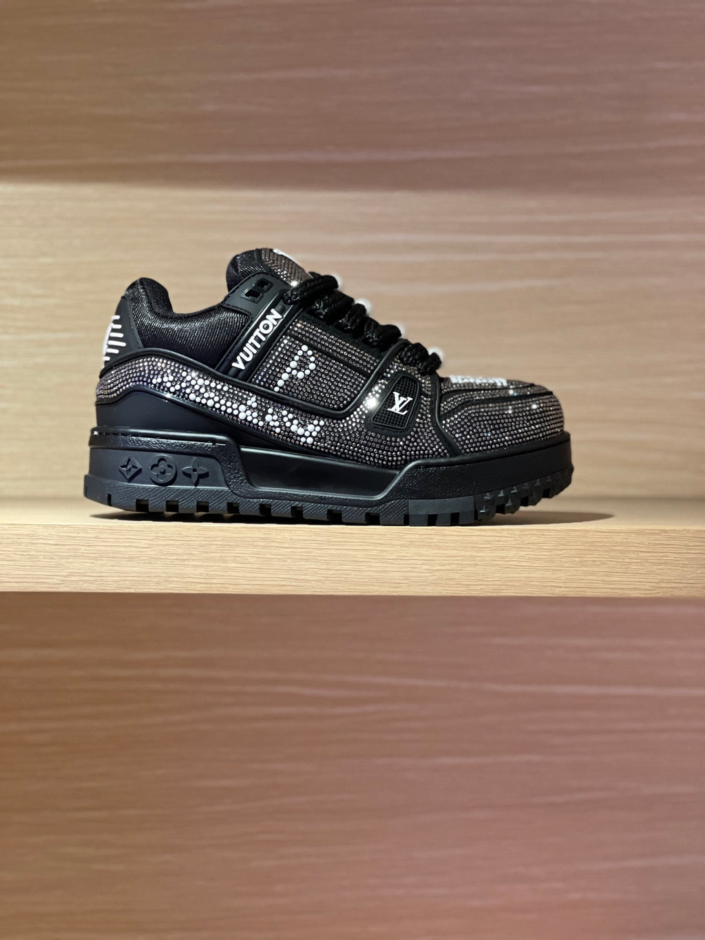 Black Louis Vuitton lace-up sneaker with rhinestone and pearl embellishments