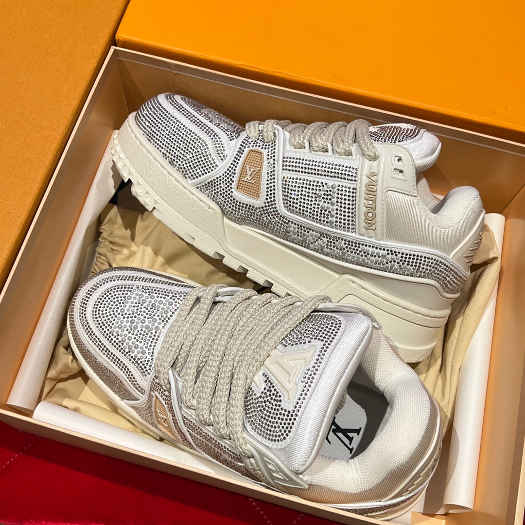 Louis Vuitton trainer sneakers in a box, silver studded mesh with beige laces