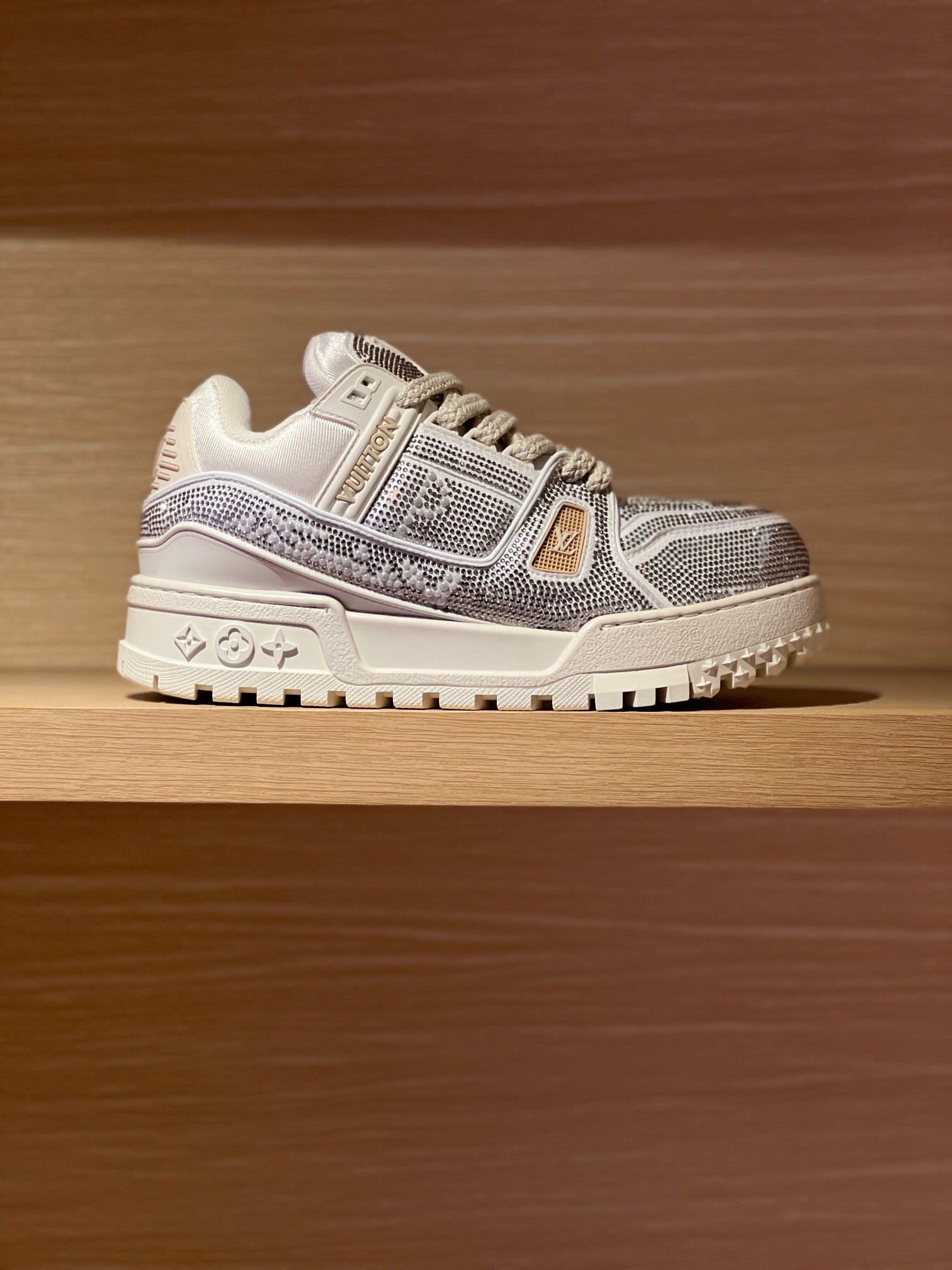 Silver-and-gray Louis Vuitton trainer sneakers with studded mesh panels and white sole