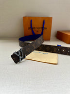 Monogram canvas belt with LV buckle, dark brown and blue-lined end