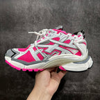 White and pink unisex sneakers, side view with textured panels and thick sole