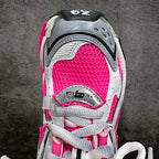 Pink and white unisex sneakers, toe and lace-up area with perforated mesh panel
