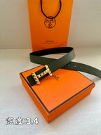 Hermes belt dark green leather with silver-tone studded H buckle on orange box